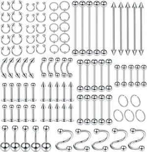 100PCS Piercing Kit Jewelry 14G 16G 20G Nose Rings Lip Studs Tongue Rings Stainless Steel Cartilage Earrings Tragus Eyebrow Industrial Barbell Belly Rings Body Piercing Kit Jewelry
