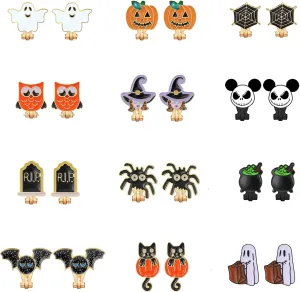 12 Pairs Halloween Clip on Earrings Set Bat Spider Ghost Pumpkin Witch Cat Earrings Hypoallergenic Clip Stud Earrings for Teen Girls Women Bulk Halloween Jewelry