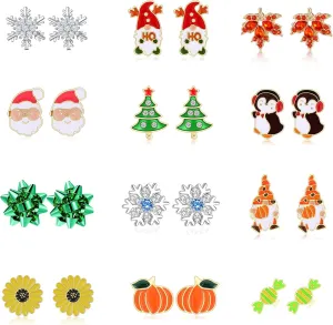 12 Pairs Hypoallergenic Christmas Thanksgiving Earrings Set for Girls Women Fall Pumpkin Maple Leaf Earrings Winter Snowflake Christmas Tree Cake Bow Penguin Gnome Earrings Stud Holiday Jewelry Gifts