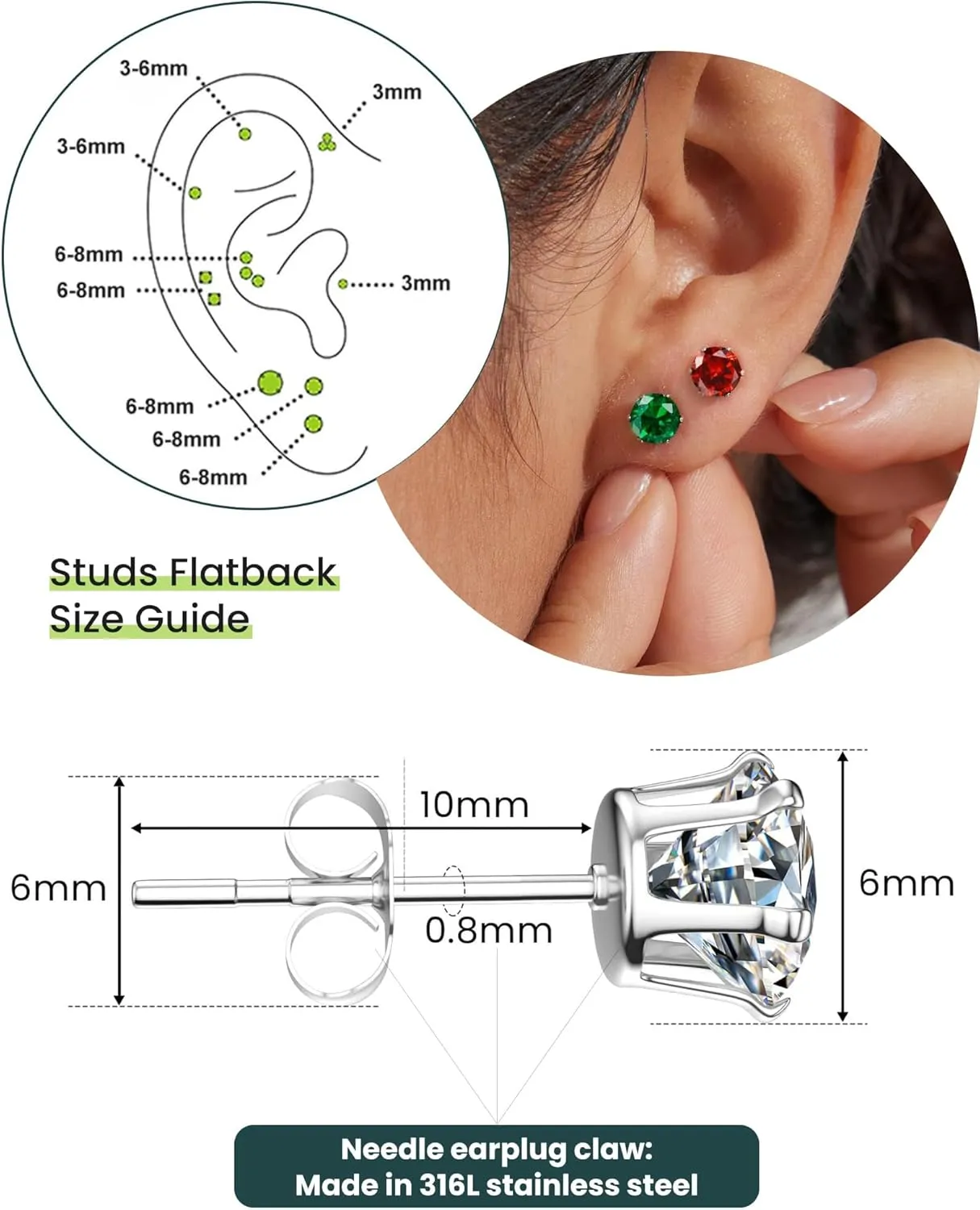 12 Pairs Silver Earrings Surgical Steel Earrings Women's Earrings Hypoallergenic Earrings Set Men's Earrings 12 Colors CubicZirconia Studs Earrings