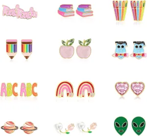 12 Pairs Teacher Stud Earrings for Women Back to School Earrings for Teens Girls Hypoallergenic Pencil Apple Book Earrings for Student Teacher Earrings Bulk Teacher Appreciation Gifts Graduation Jewelry