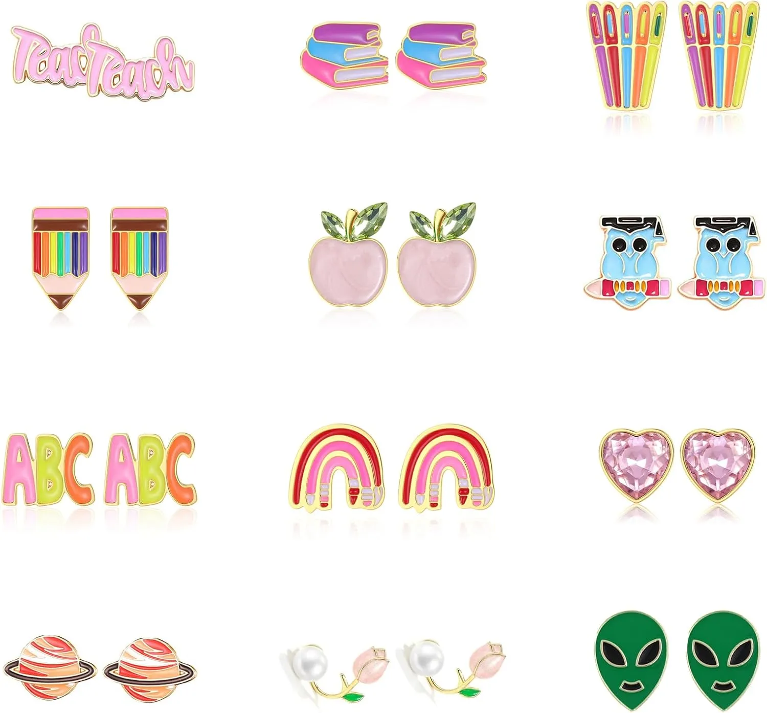 12 Pairs Teacher Stud Earrings for Women Back to School Earrings for Teens Girls Hypoallergenic Pencil Apple Book Earrings for Student Teacher Earrings Bulk Teacher Appreciation Gifts Graduation Jewelry