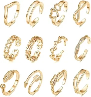 12PCS Toe Rings for Women 14K Gold/Silver Plated Adjustable Toe Ring Set Open Heart Arrow Infinity Rings Beach Foot Jewelry for Summer
