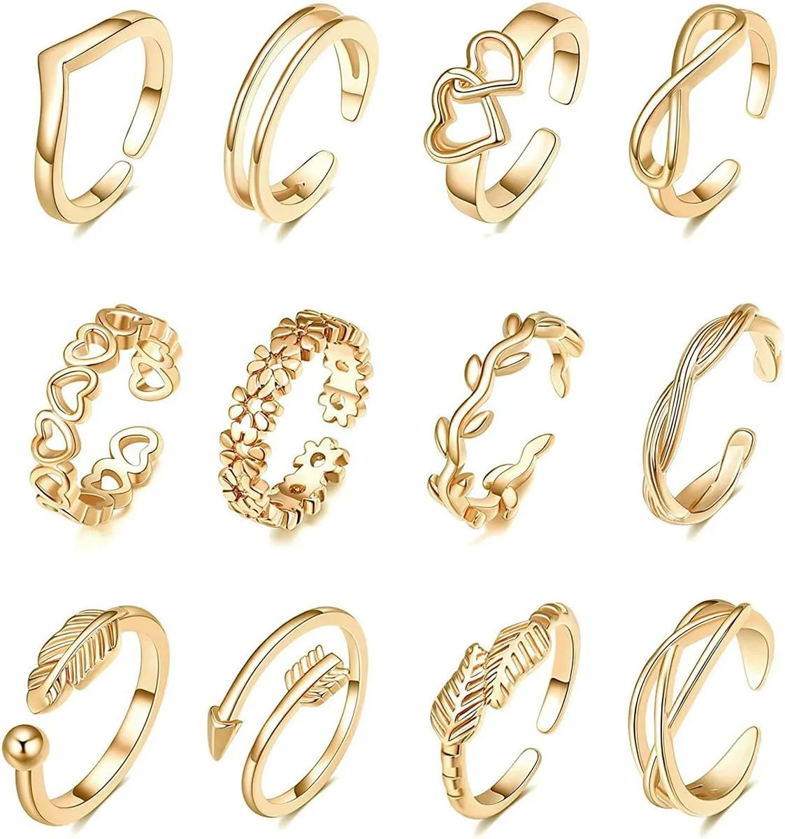 12PCS Toe Rings for Women 14K Gold/Silver Plated Adjustable Toe Ring Set Open Heart Arrow Infinity Rings Beach Foot Jewelry for Summer