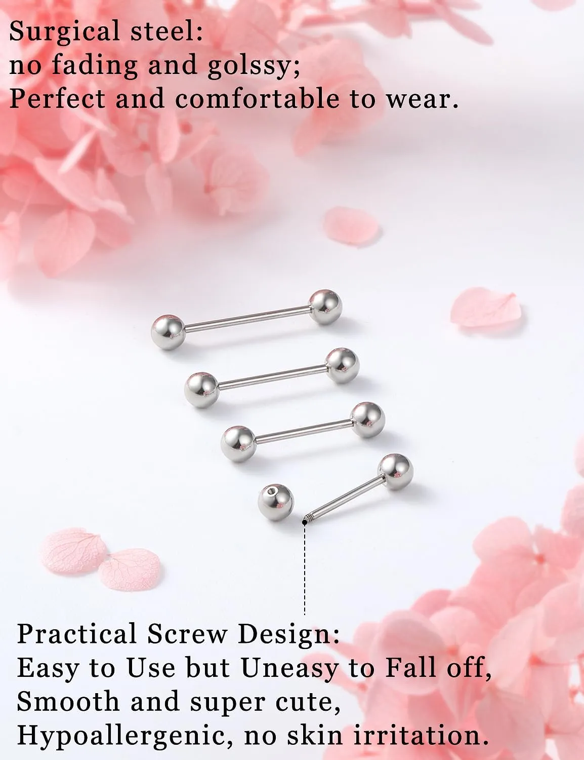 14G 16G Nipple Tongue Rings Stainless Steel Straight Barbells Piercing Jewelry Short Long Bar Silver Black Gold Bridge Piercings For Women Men 12Mm 14Mm 16Mm 18Mm Length Ball Size 5MM 6MM