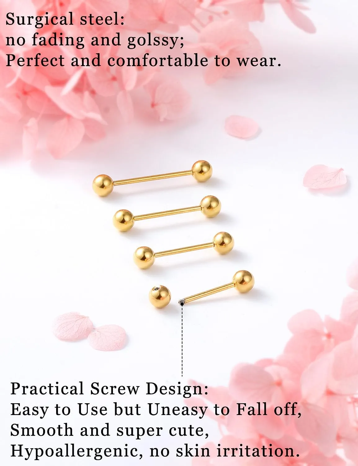 14G 16G Nipple Tongue Rings Stainless Steel Straight Barbells Piercing Jewelry Short Long Bar Silver Black Gold Bridge Piercings For Women Men 12Mm 14Mm 16Mm 18Mm Length Ball Size 5MM 6MM