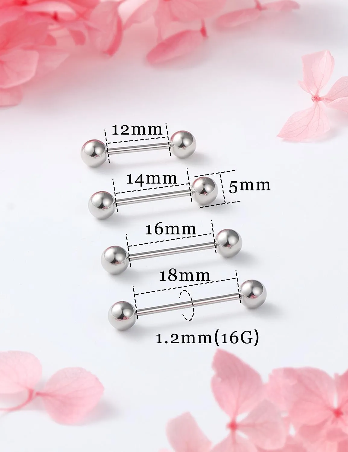 14G 16G Nipple Tongue Rings Stainless Steel Straight Barbells Piercing Jewelry Short Long Bar Silver Black Gold Bridge Piercings For Women Men 12Mm 14Mm 16Mm 18Mm Length Ball Size 5MM 6MM