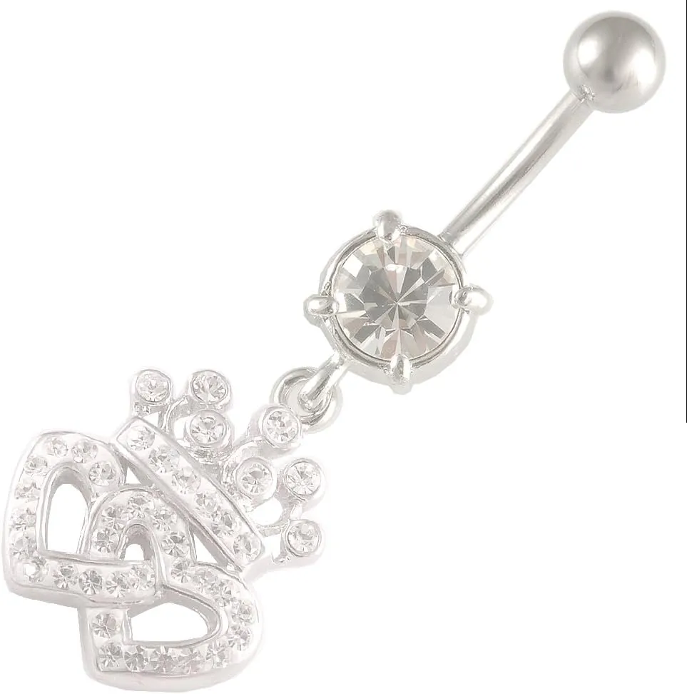 14Gauge 3/8 Crown Heart dangle belly dangling navel button ring dangly bar piercing Piercing Jewelry