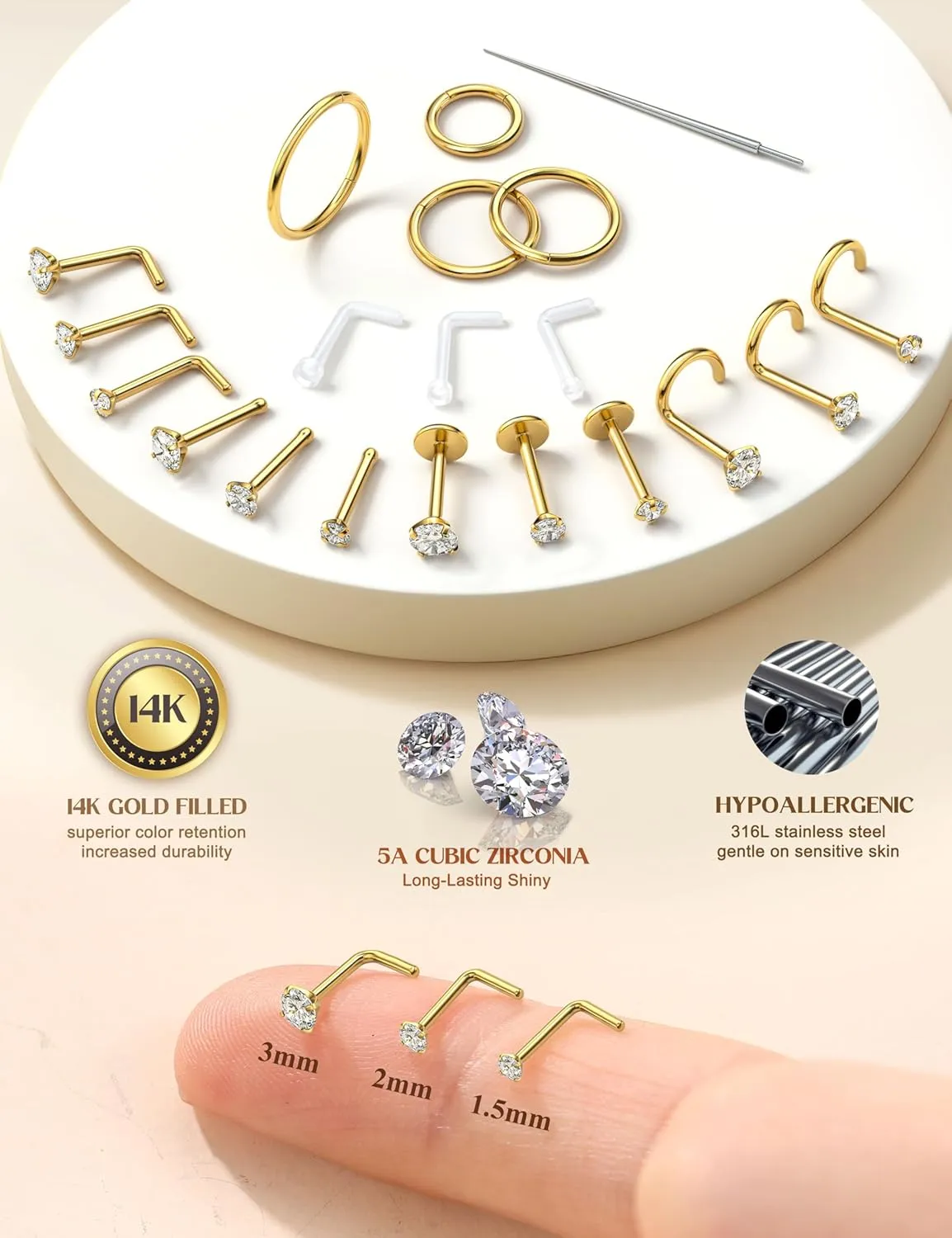 14K Gold Filled Nose Rings Studs Hoops for Women Men: 20G 18G 316L Surgical Stainless Steel Hypoallergenic Dainty Simulated Diamond L Shaped/Corkscrew/Straight/Push Back Nostril Piercing Jewelry