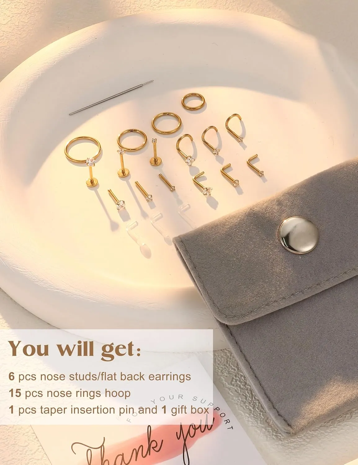 14K Gold Filled Nose Rings Studs Hoops for Women Men: 20G 18G 316L Surgical Stainless Steel Hypoallergenic Dainty Simulated Diamond L Shaped/Corkscrew/Straight/Push Back Nostril Piercing Jewelry