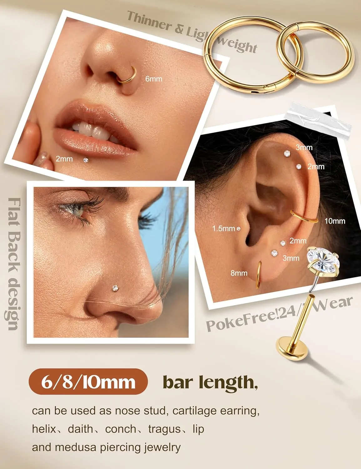 14K Gold Filled Nose Rings Studs Hoops for Women Men: 20G 18G 316L Surgical Stainless Steel Hypoallergenic Dainty Simulated Diamond L Shaped/Corkscrew/Straight/Push Back Nostril Piercing Jewelry