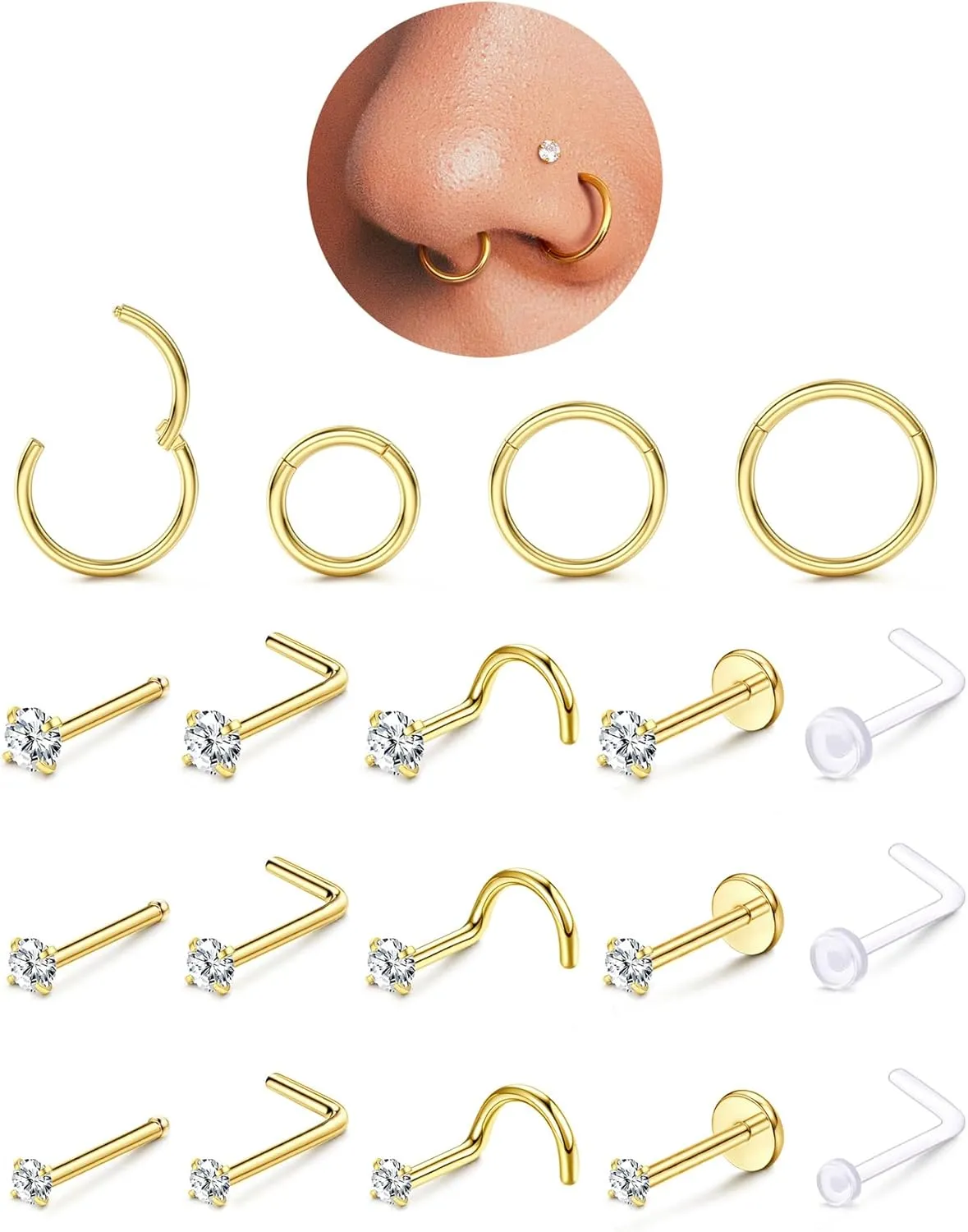 14K Gold Filled Nose Rings Studs Hoops for Women Men: 20G 18G 316L Surgical Stainless Steel Hypoallergenic Dainty Simulated Diamond L Shaped/Corkscrew/Straight/Push Back Nostril Piercing Jewelry
