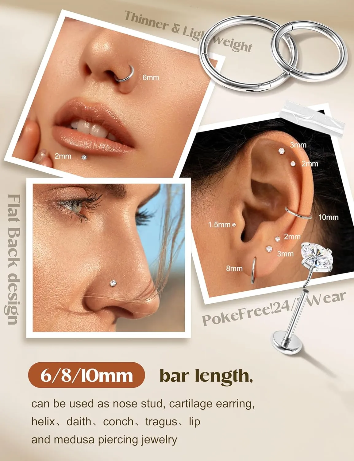 14K Gold Filled Nose Rings Studs Hoops for Women Men: 20G 18G 316L Surgical Stainless Steel Hypoallergenic Dainty Simulated Diamond L Shaped/Corkscrew/Straight/Push Back Nostril Piercing Jewelry