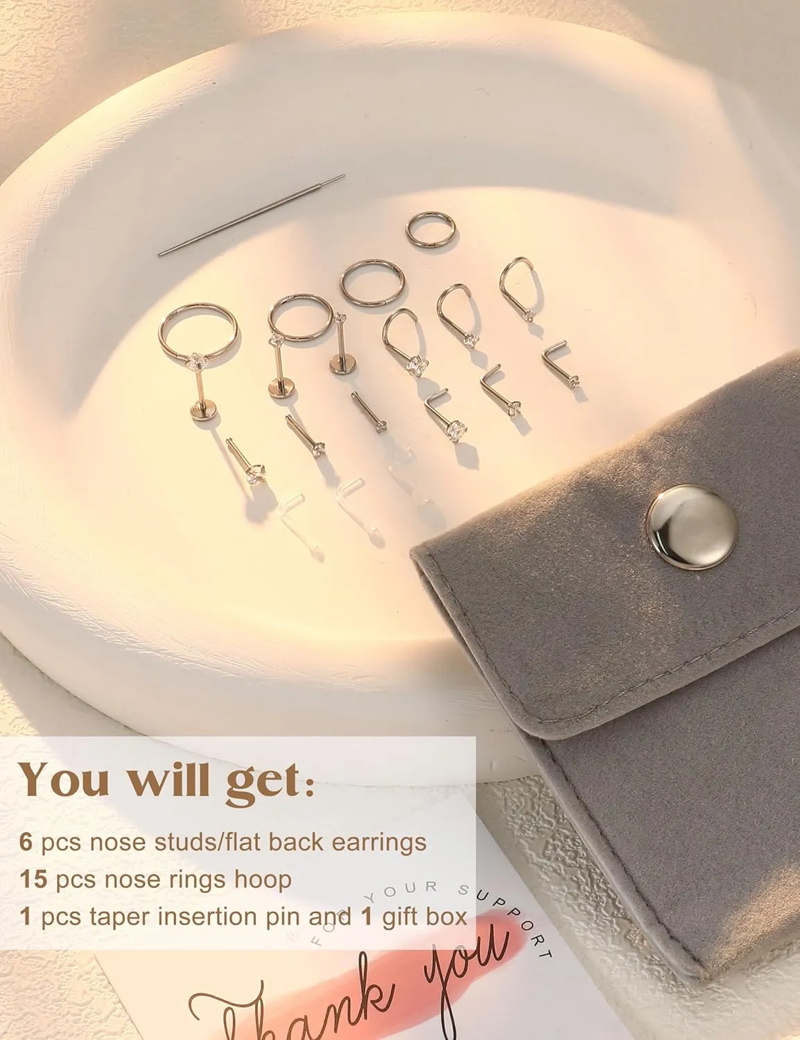 14K Gold Filled Nose Rings Studs Hoops for Women Men: 20G 18G 316L Surgical Stainless Steel Hypoallergenic Dainty Simulated Diamond L Shaped/Corkscrew/Straight/Push Back Nostril Piercing Jewelry