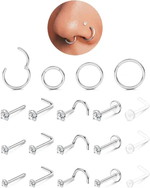 14K Gold Filled Nose Rings Studs Hoops for Women Men: 20G 18G 316L Surgical Stainless Steel Hypoallergenic Dainty Simulated Diamond L Shaped/Corkscrew/Straight/Push Back Nostril Piercing Jewelry