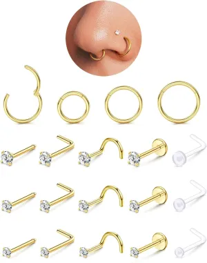 14K Gold Filled Nose Rings Studs Hoops for Women Men: 20G 18G 316L Surgical Stainless Steel Hypoallergenic Dainty Simulated Diamond L Shaped/Corkscrew/Straight/Push Back Nostril Piercing Jewelry