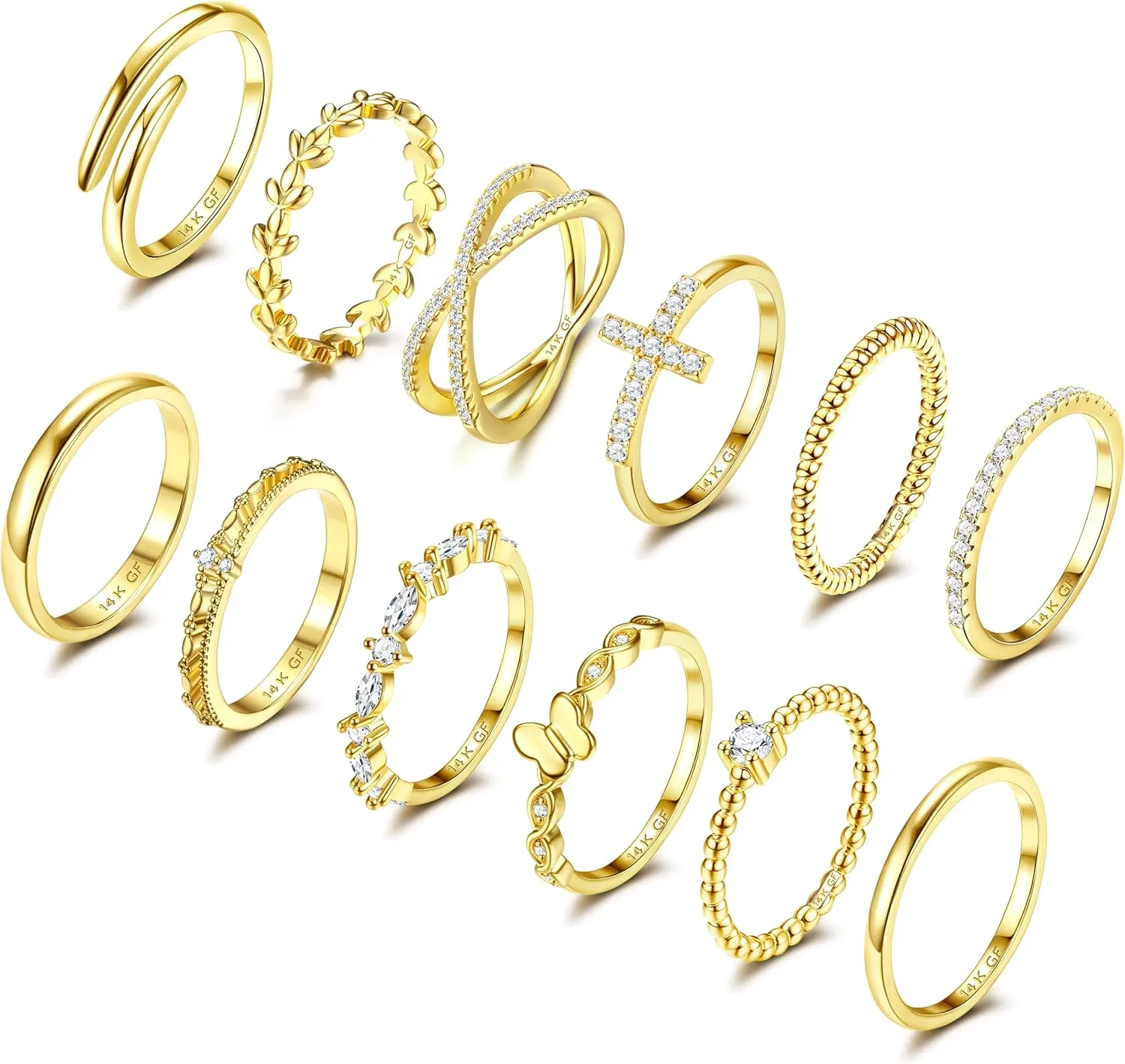 14K Gold Filled Stackable Rings for Women Opal Cross CZ Wedding Bands Rings Dainty Plain Gold Knuckle Rings Set Comfort Fit Size 6-10