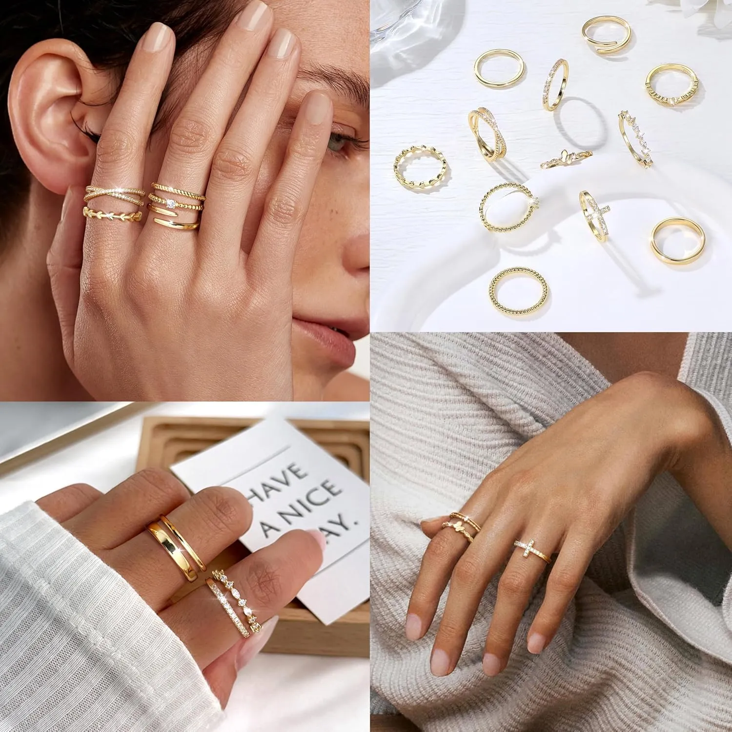 14K Gold Filled Stackable Rings for Women Opal Cross CZ Wedding Bands Rings Dainty Plain Gold Knuckle Rings Set Comfort Fit Size 6-10