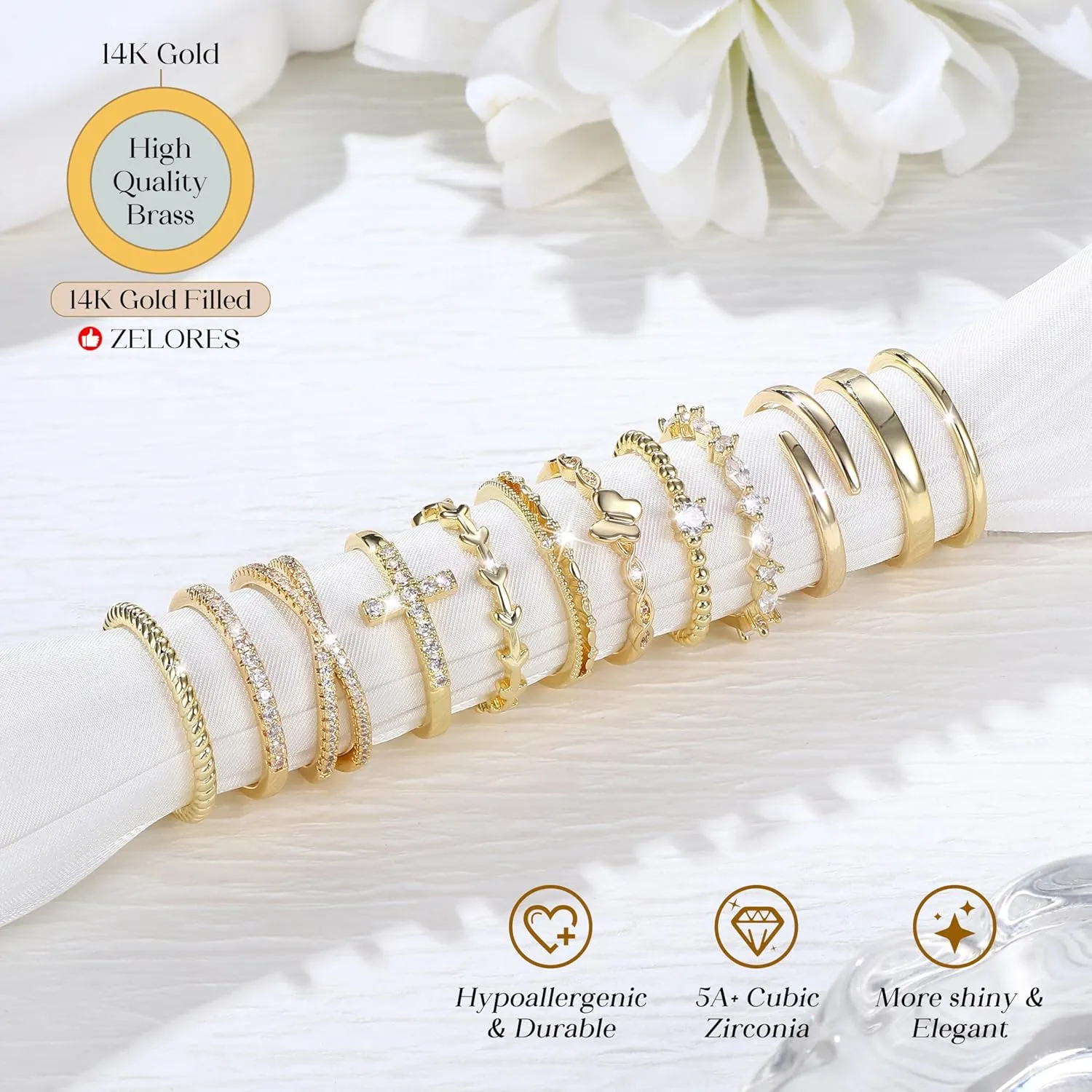 14K Gold Filled Stackable Rings for Women Opal Cross CZ Wedding Bands Rings Dainty Plain Gold Knuckle Rings Set Comfort Fit Size 6-10