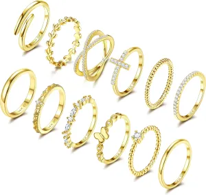 14K Gold Filled Stackable Rings for Women Opal Cross CZ Wedding Bands Rings Dainty Plain Gold Knuckle Rings Set Comfort Fit Size 6-10