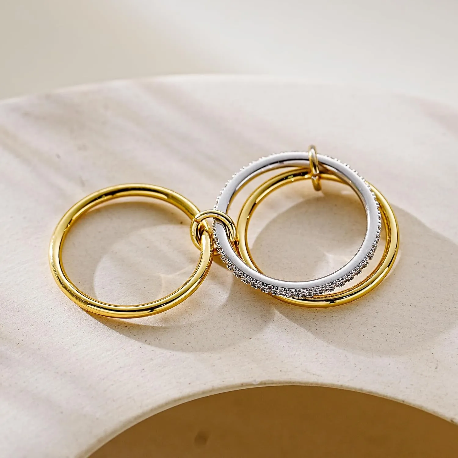 14K Gold Plated Stackable Rings,3 CZ Cubic Zirconia Ring Set,Silver & Gold Stacking Rings, Multi-Link Connected,Statement Interlocking Band for Women, Hypoallergenic, Non Tarnish wedding ring