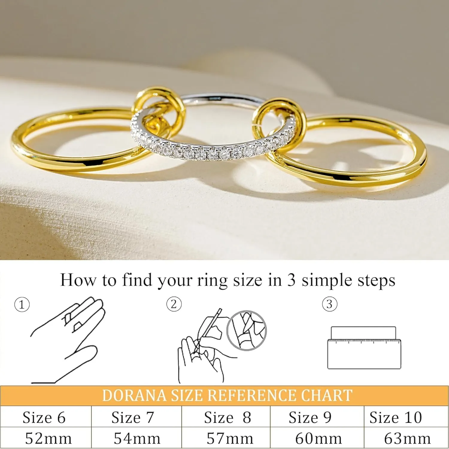 14K Gold Plated Stackable Rings,3 CZ Cubic Zirconia Ring Set,Silver & Gold Stacking Rings, Multi-Link Connected,Statement Interlocking Band for Women, Hypoallergenic, Non Tarnish wedding ring