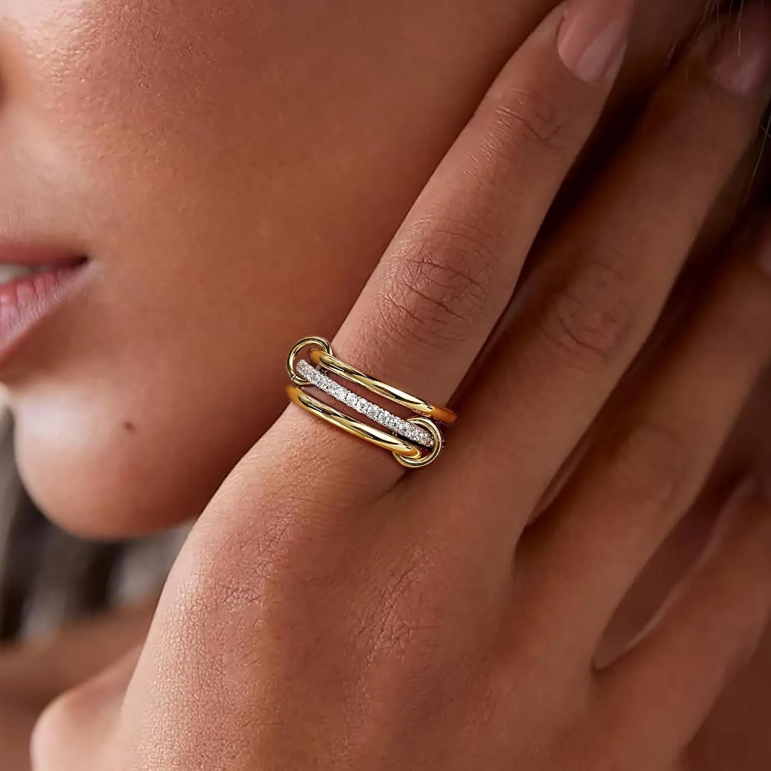 14K Gold Plated Stackable Rings,3 CZ Cubic Zirconia Ring Set,Silver & Gold Stacking Rings, Multi-Link Connected,Statement Interlocking Band for Women, Hypoallergenic, Non Tarnish wedding ring