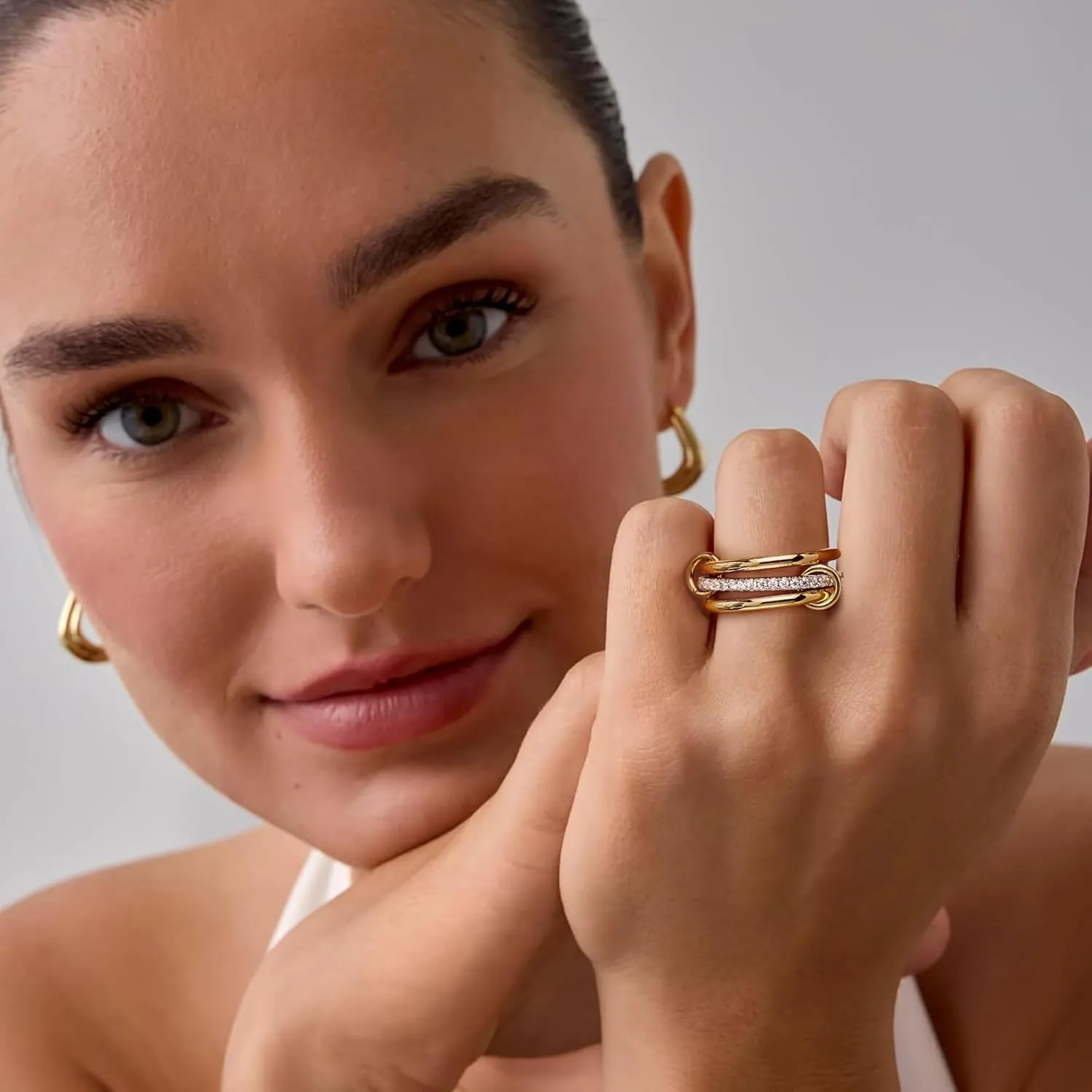 14K Gold Plated Stackable Rings,3 CZ Cubic Zirconia Ring Set,Silver & Gold Stacking Rings, Multi-Link Connected,Statement Interlocking Band for Women, Hypoallergenic, Non Tarnish wedding ring