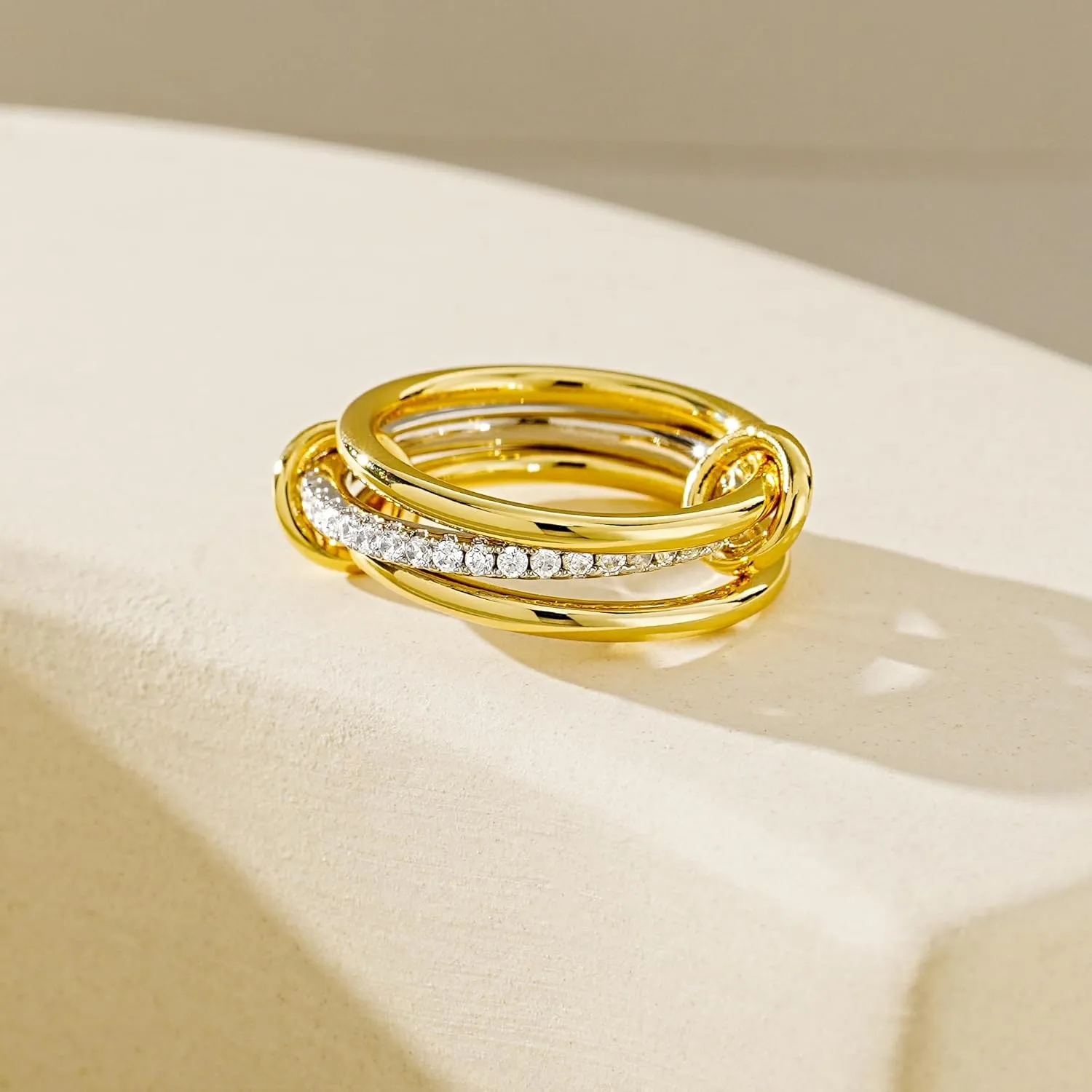 14K Gold Plated Stackable Rings,3 CZ Cubic Zirconia Ring Set,Silver & Gold Stacking Rings, Multi-Link Connected,Statement Interlocking Band for Women, Hypoallergenic, Non Tarnish wedding ring