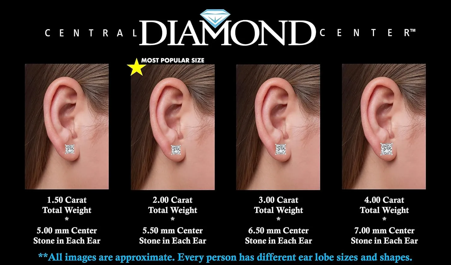 14K Gold Posts & Sterling Silver Princess Cut CZ Stud Earrings w/Pure Brilliance Zirconia, 1.50-4.00ctw