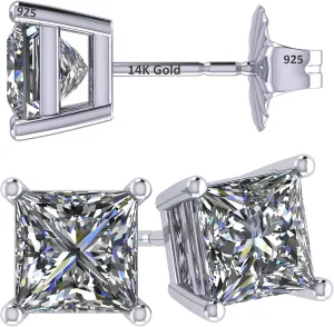 14K Gold Posts & Sterling Silver Princess Cut CZ Stud Earrings w/Pure Brilliance Zirconia, 1.50-4.00ctw