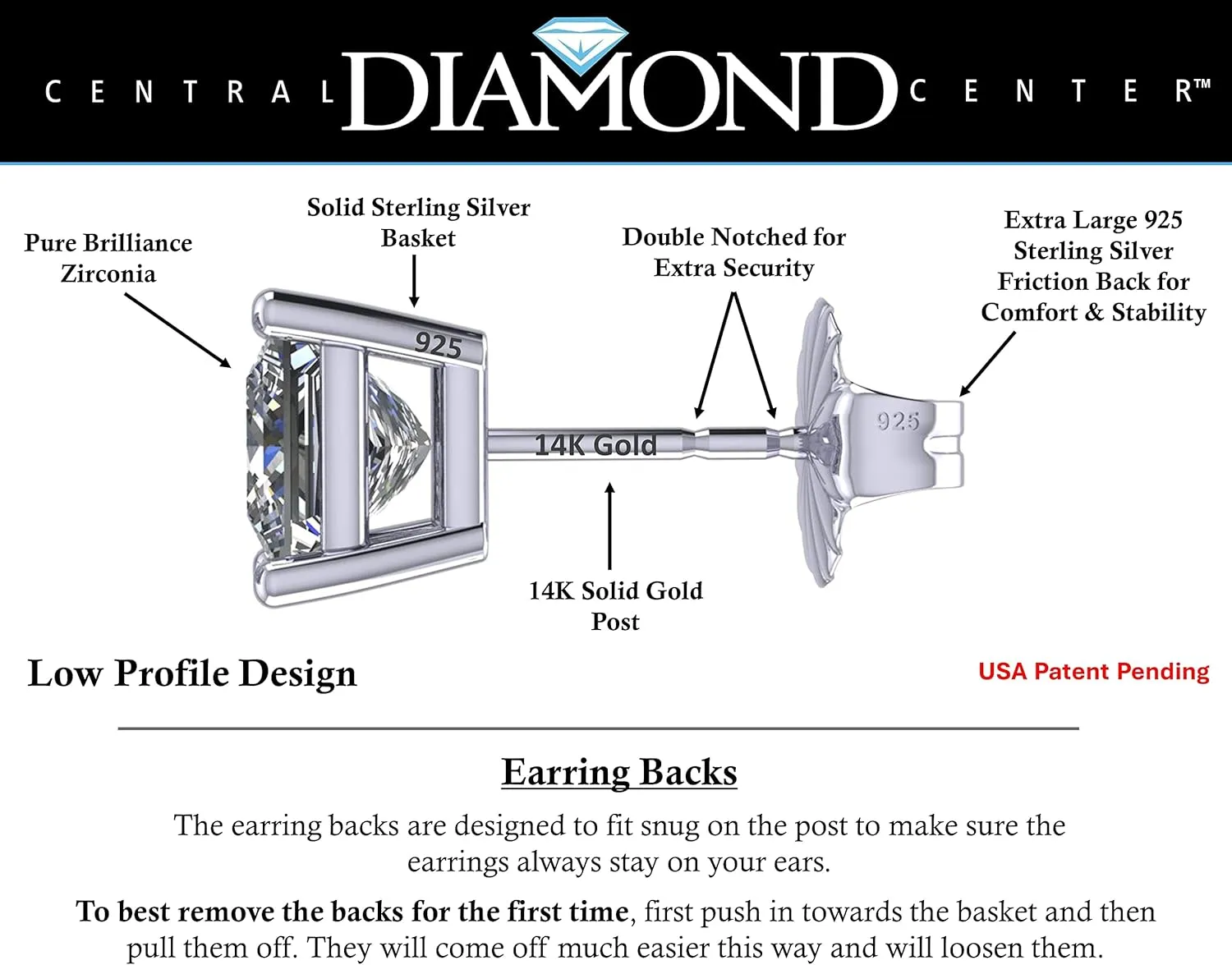 14K Gold Posts & Sterling Silver Princess Cut CZ Stud Earrings w/Pure Brilliance Zirconia, 1.50-4.00ctw