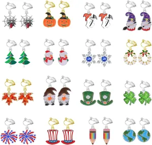 16 Pairs Hypoallergenic Holiday Clip on Dangle Earrings for Women Halloween Christmas Earrings for Girls Fall Thanksgiving Earring Teacher St. Patrick's Day 4th of July Earrings