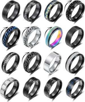 16PCS Stainless Steel Band Rings for Men Women Fidget Rings Spinner Rings for Anxiety Relief Band Rings Wedding Pormise Engagement Rings Set
