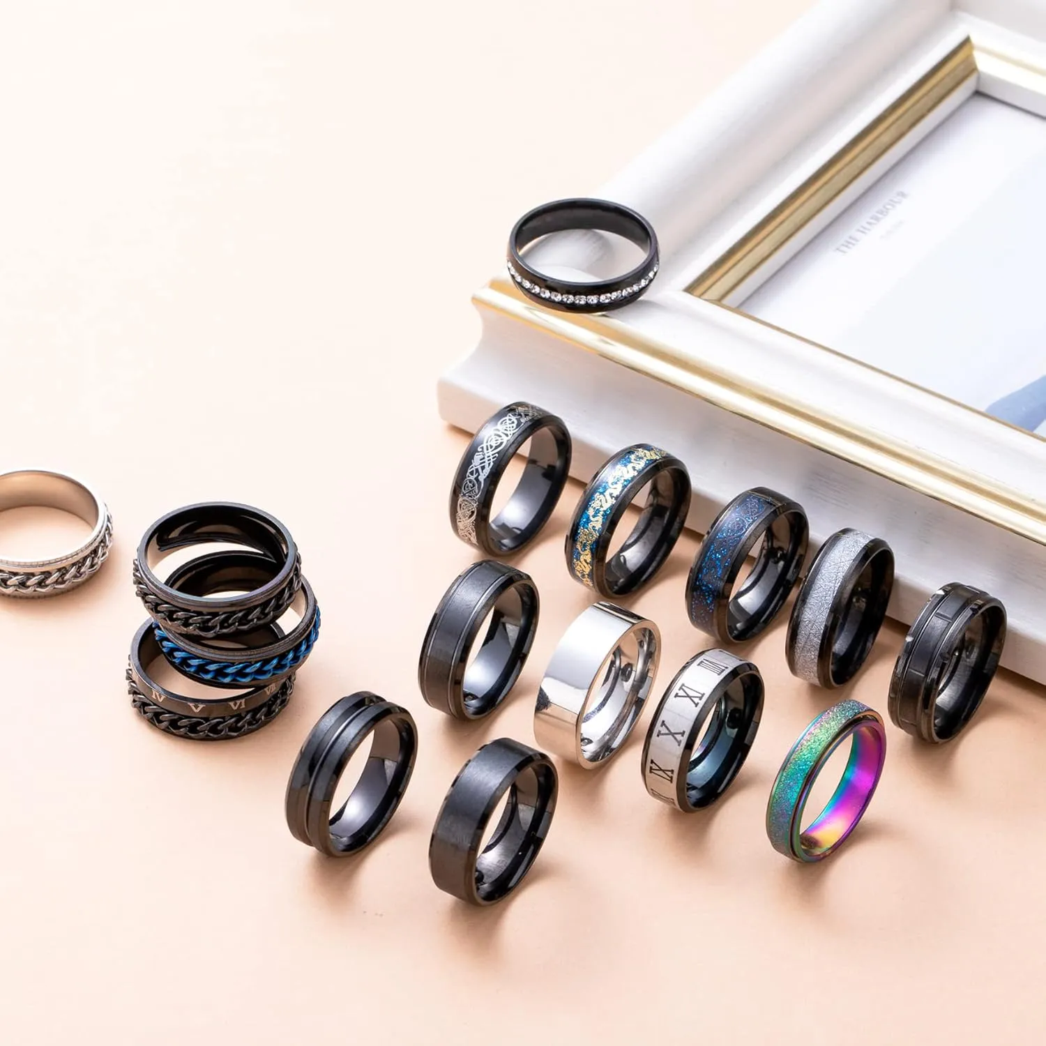 16PCS Stainless Steel Band Rings for Men Women Fidget Rings Spinner Rings for Anxiety Relief Band Rings Wedding Pormise Engagement Rings Set