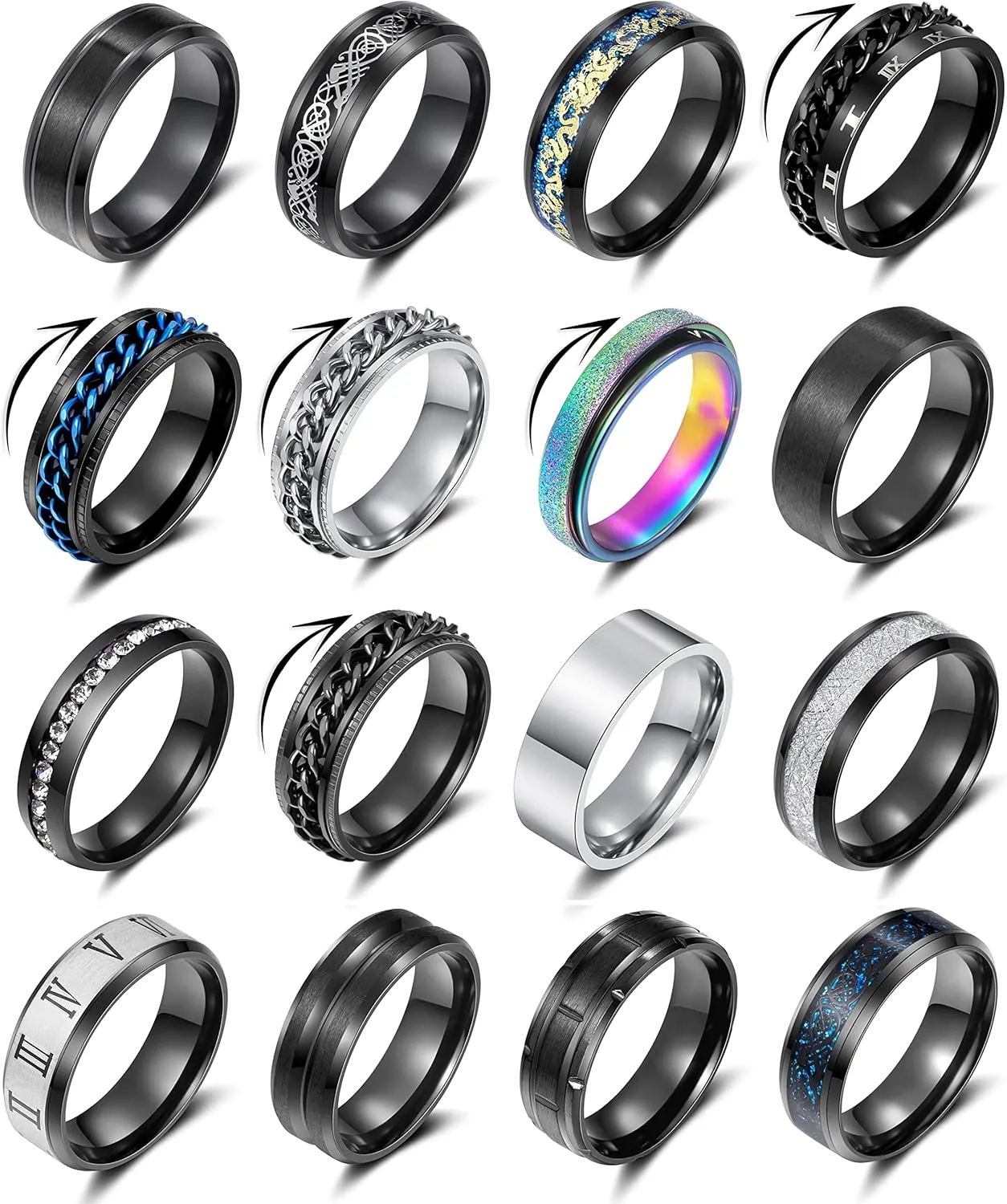 16PCS Stainless Steel Band Rings for Men Women Fidget Rings Spinner Rings for Anxiety Relief Band Rings Wedding Pormise Engagement Rings Set
