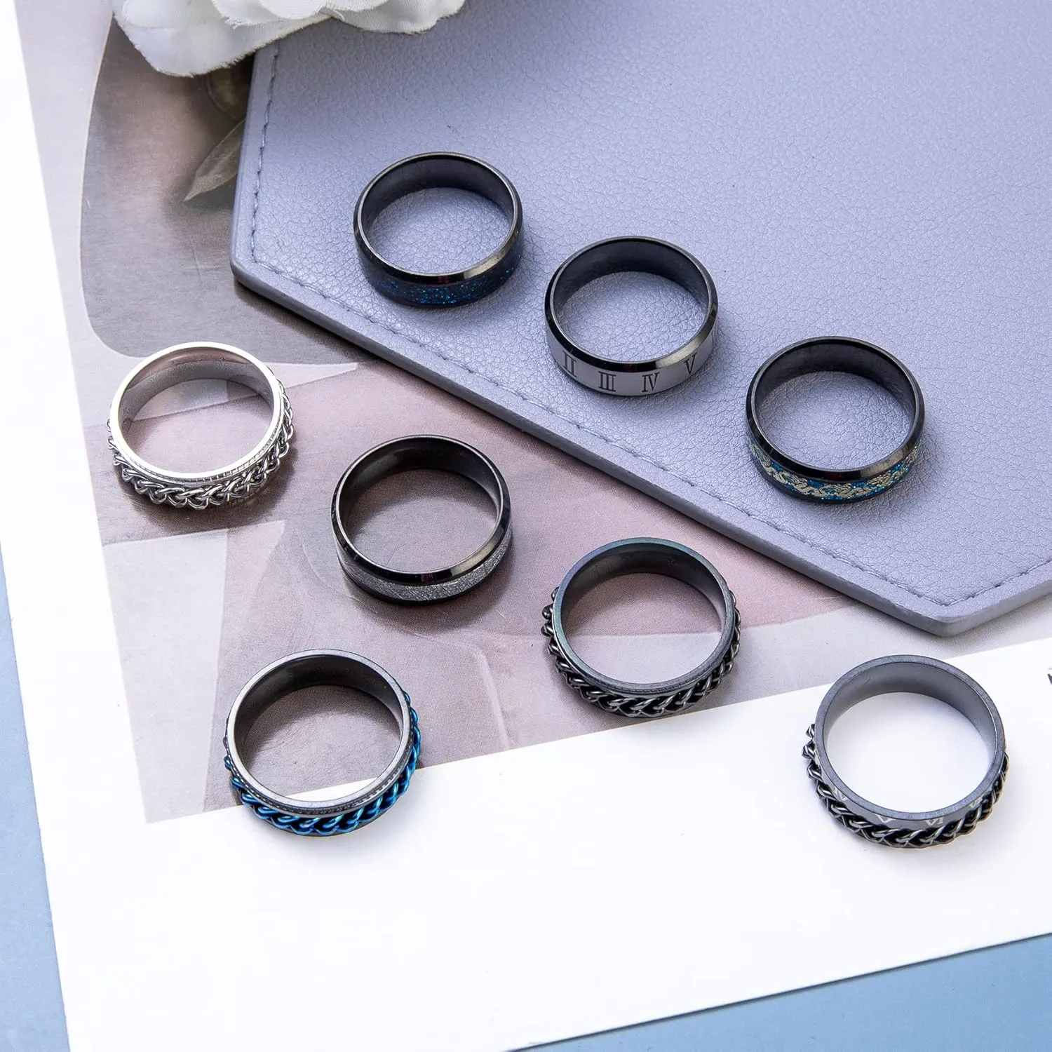 16PCS Stainless Steel Band Rings for Men Women Fidget Rings Spinner Rings for Anxiety Relief Band Rings Wedding Pormise Engagement Rings Set
