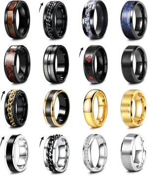16Pcs Stainless Steel Band Rings for Men Women Stress Anxiety Relief Fidget Rings Black Cool Chain Spinner Rings Set for Wedding Promise Mens Rings Pack