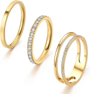 18K Gold Filled Rings for Women Dainty Cubic Zirconia Dual Stacking Stackable 3 Rings Set | Eternity Band for Women | Thin Gold wedding band Thumb Ring