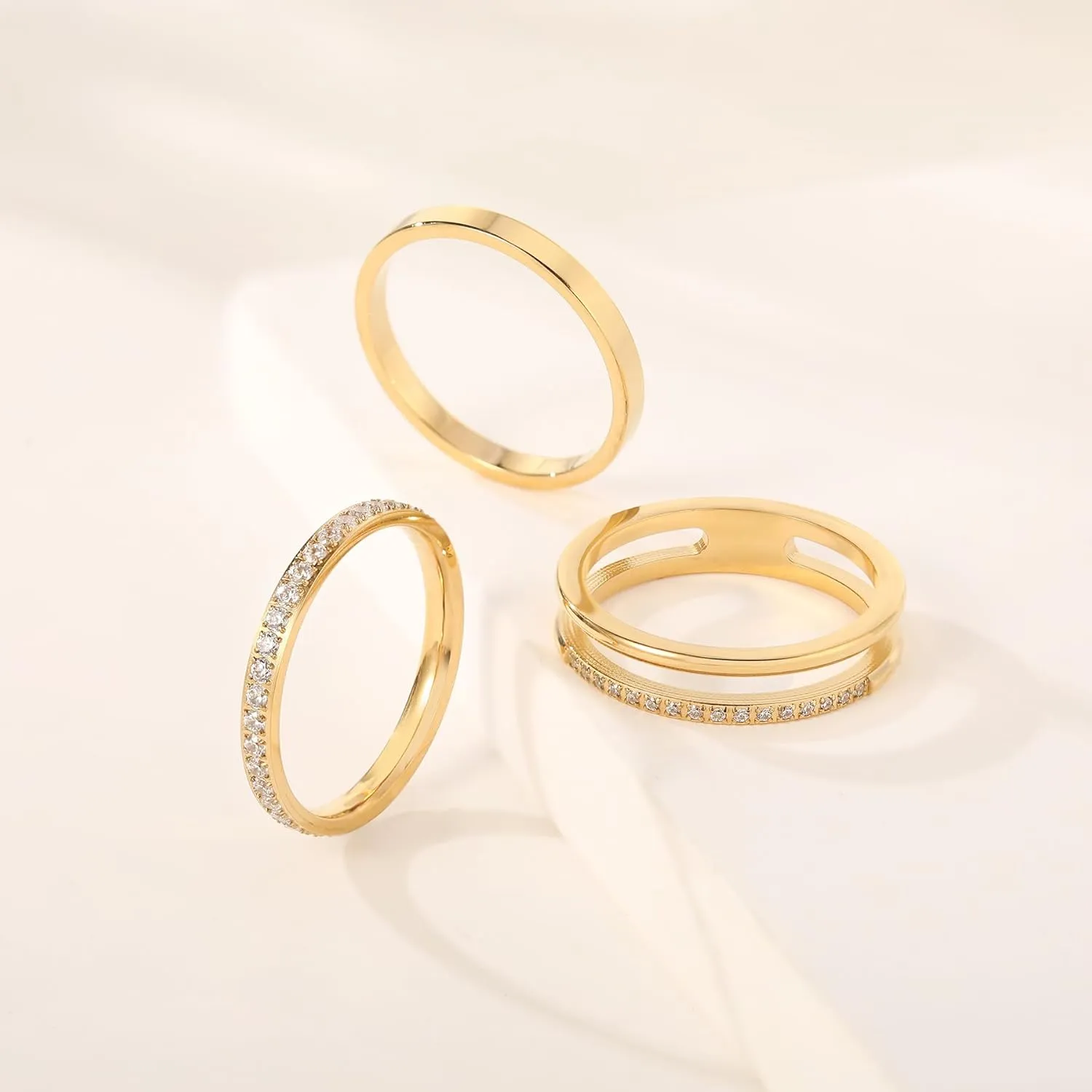 18K Gold Filled Rings for Women Dainty Cubic Zirconia Dual Stacking Stackable 3 Rings Set | Eternity Band for Women | Thin Gold wedding band Thumb Ring