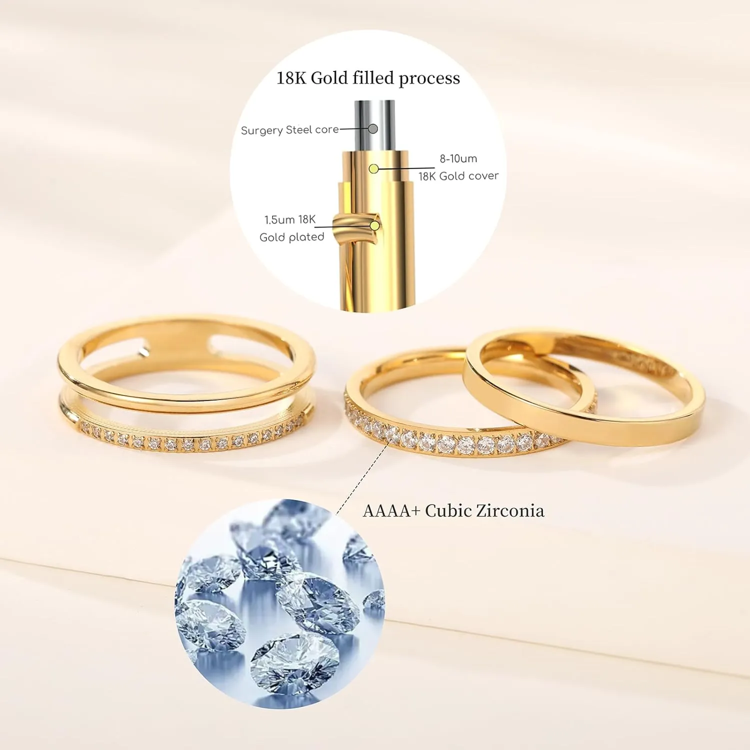 18K Gold Filled Rings for Women Dainty Cubic Zirconia Dual Stacking Stackable 3 Rings Set | Eternity Band for Women | Thin Gold wedding band Thumb Ring