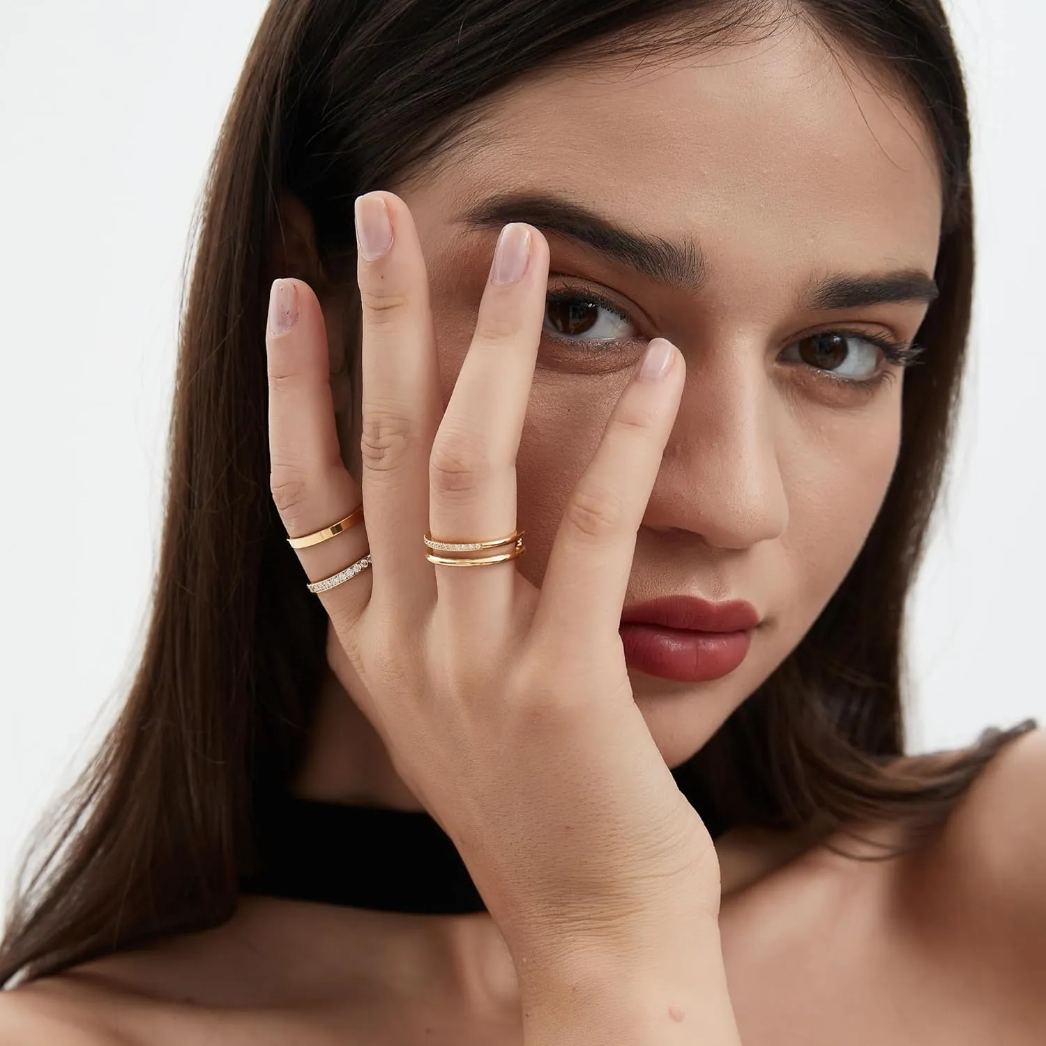 18K Gold Filled Rings for Women Dainty Cubic Zirconia Dual Stacking Stackable 3 Rings Set | Eternity Band for Women | Thin Gold wedding band Thumb Ring