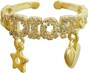 18k Gold Plated Adjustable Rings - Chunky Heart, Cross, T Bar & Butterfly Rings with Cubic Zirconia Diamonds - Size 5-8