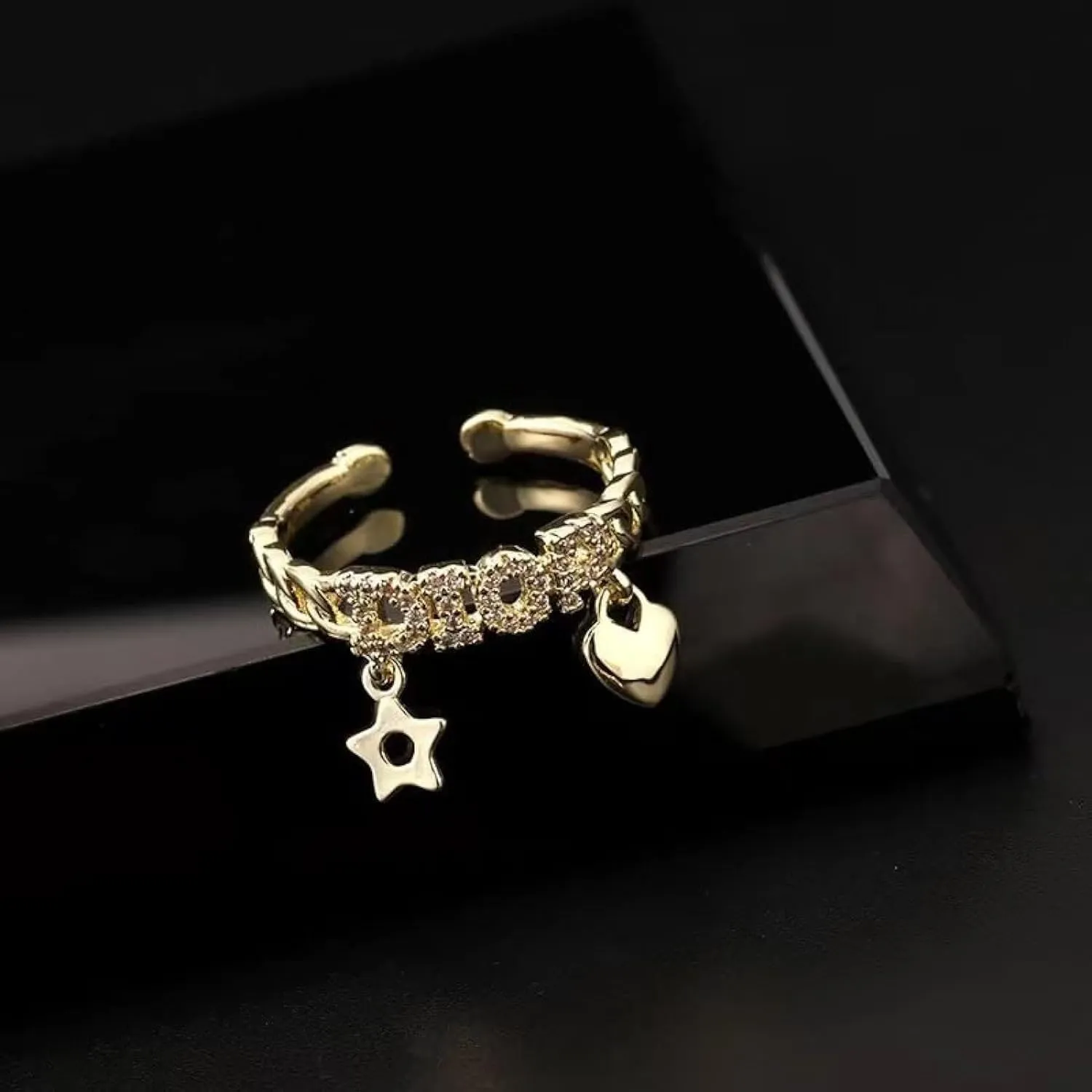 18k Gold Plated Adjustable Rings - Chunky Heart, Cross, T Bar & Butterfly Rings with Cubic Zirconia Diamonds - Size 5-8