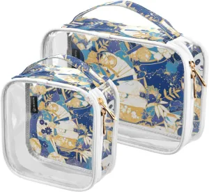 2 Pack Cartoon Cute Blue and Gold Panda clear decorative toiletry bag hanging TSA approved water-resistant makeup bag organizer Airport Airline Compliant Bolsa de maquillaje