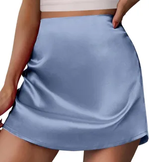 2025 Womens Satin Summer Zipper Mini Skirt Casual High Waisted A Line Flared Skirts Flowy Basic Skorts Built in Shorts
