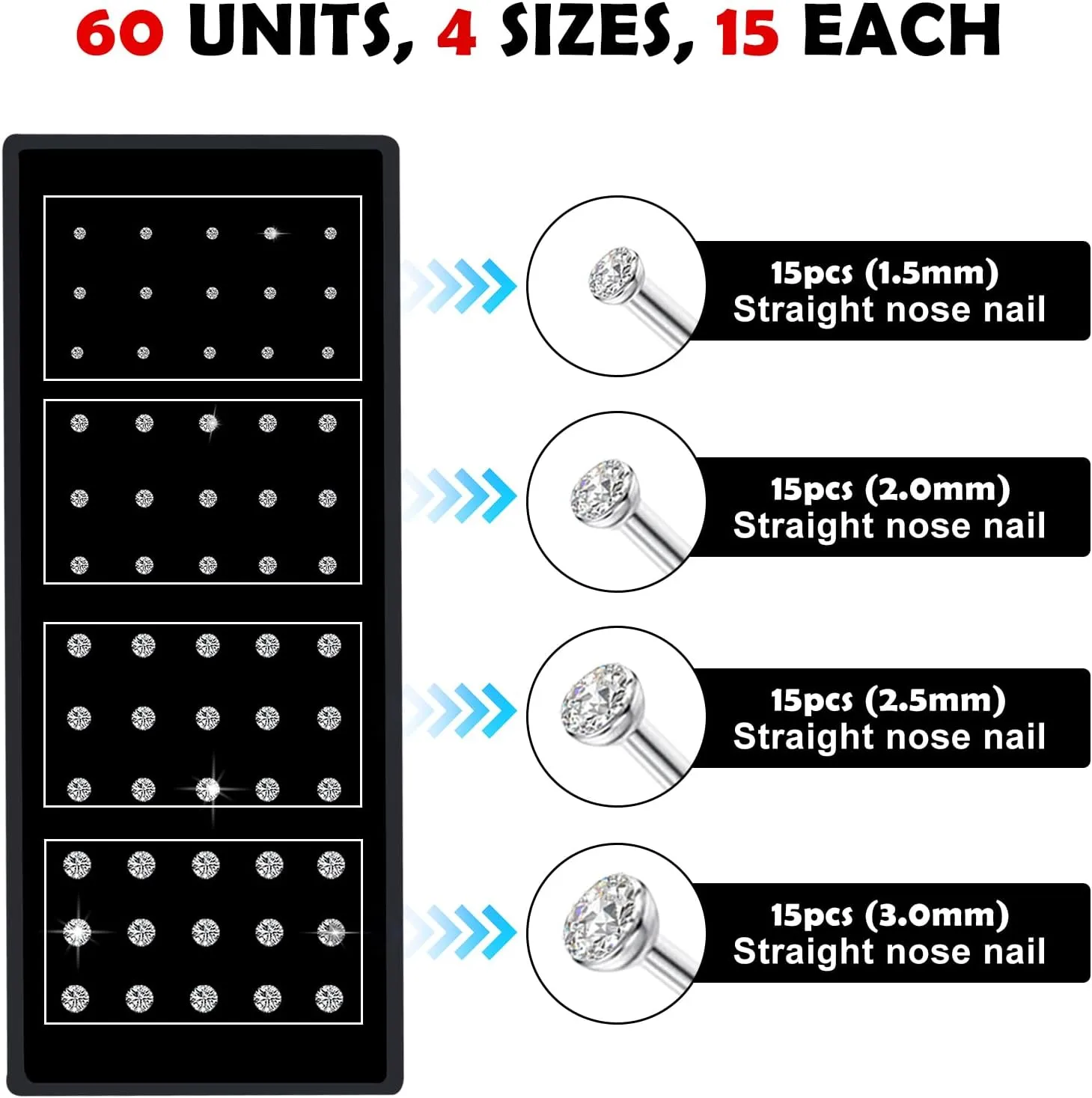 24-60pcs Nose Rings, Nose Studs, 18G-23G (1.5mm 1.8mm 2mm 2.5mm 3.0mm)