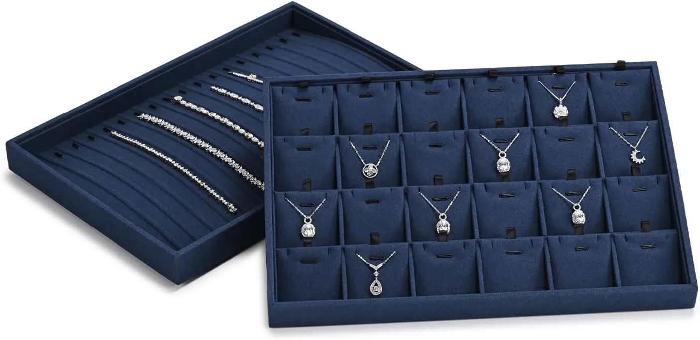 24 Grids Microfibrt Necklace Tray Jewelry Display Tray Necklace Holder Display Trays for Drawers With Removable Jewelery Cards Necklace Pendant Bracelet Storage Tray (Beige)