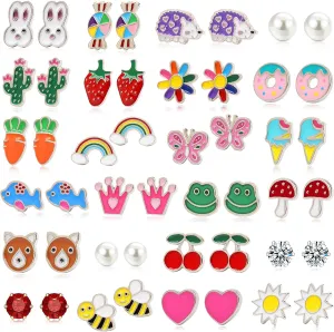 24 Pairs Hypoallergenic Stud Earrings for Girls Kids Cute Stainless Steel Earrings Fun Mushroom Butterfly Flower Rainbow Frog Earrings Set Jewelry for Little Girls Women