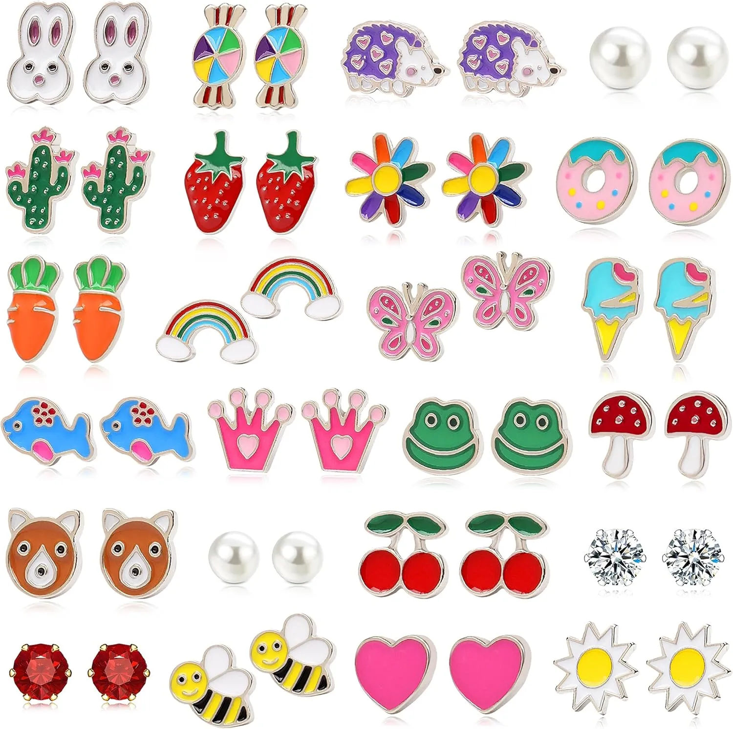 24 Pairs Hypoallergenic Stud Earrings for Girls Kids Cute Stainless Steel Earrings Fun Mushroom Butterfly Flower Rainbow Frog Earrings Set Jewelry for Little Girls Women